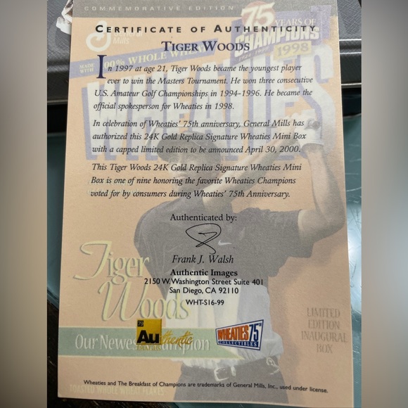 Wheaties TIGER WOODS Cereal Box And Mini Box Limited Edition 24K Gold Signature - Picture 16 of 16